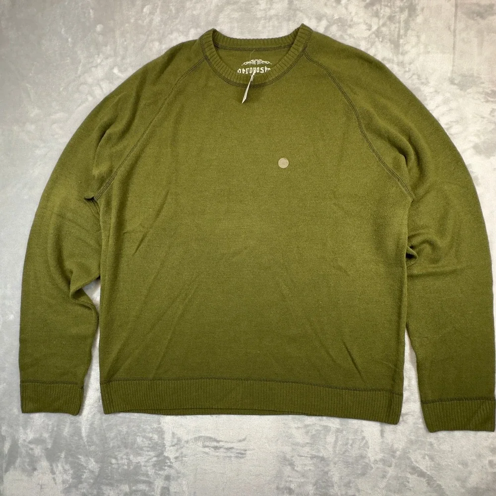 Aeropostale Sweater Mens XL Green Crew Neck Raglan Sleeve Solid Knit Pullover